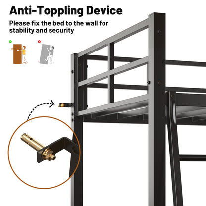 Twin Metal Loft Bed With L-Shaped Desk, Charging Station Loft Bed Frame Twin Size, Safety Guard & Ladder, No Box Spring Needed, Black