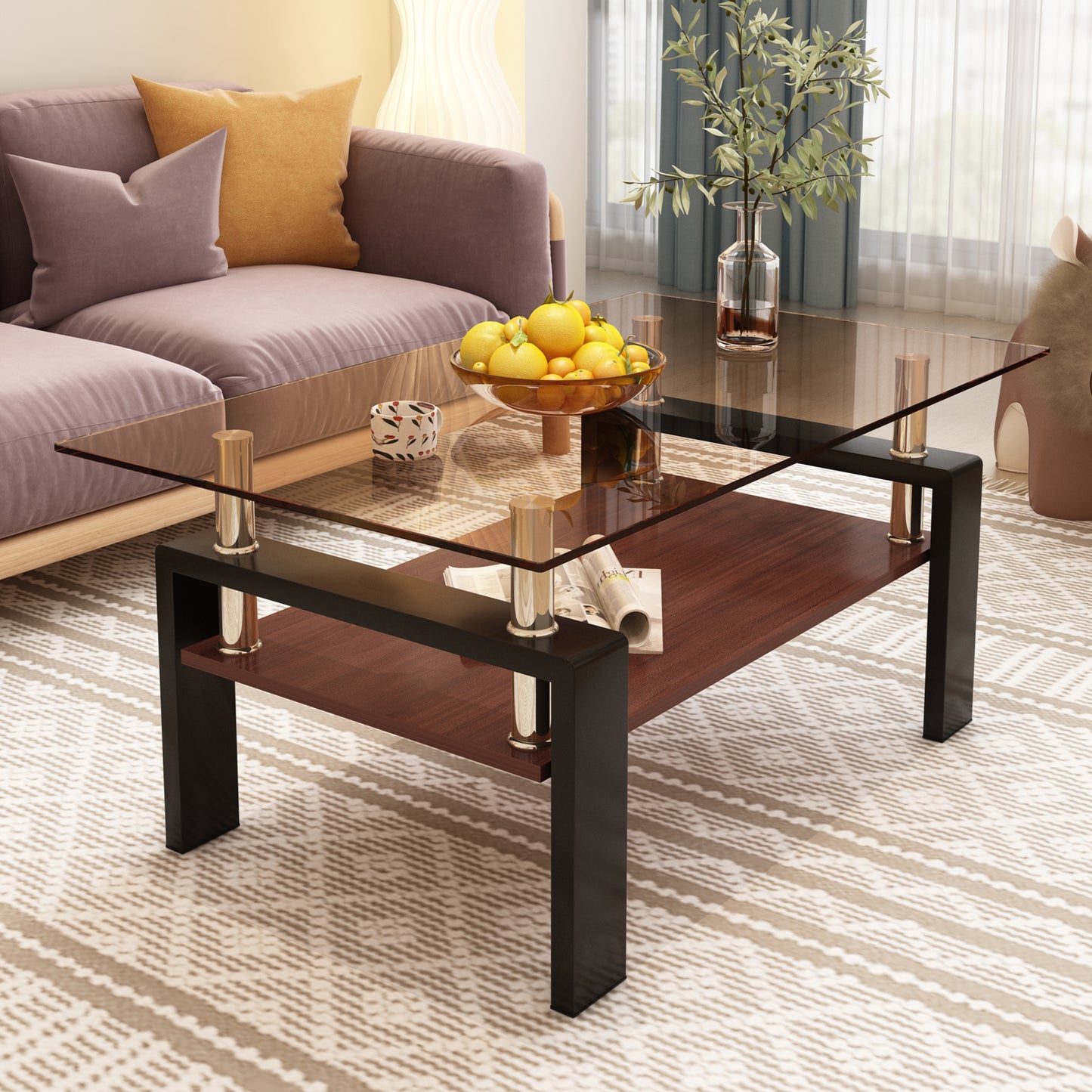Rectangle Coffee Table, Tempered Glass Tabletop With MDF Layer, Modern Table For Living Room , Brown Glass