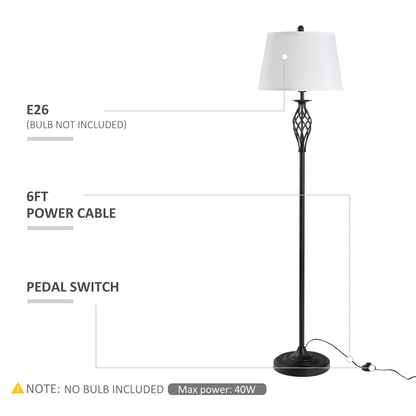 3 Piece Table Floor Lamp Set with Metal Pole, Round Base, and Fabric Lampshade, for Living Room, Black/White