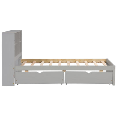 Modern Twin Size Bed Frame With Built-in USB Port On Bookcase Headboard And 2 Drawers For Grey Color