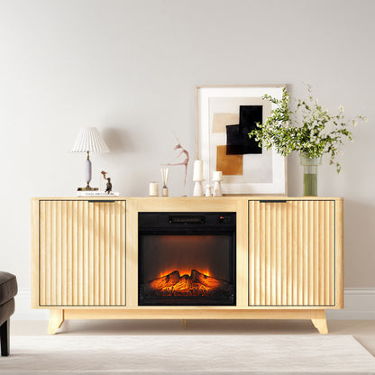 Oak Finish Fireplace TV Stand With 18 Inch Insert & Double Grid Doors, Embossed Particle Board Media Console 58 X 13.6 X 25.4 Inch