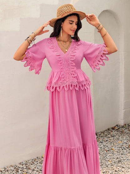 Lace Detail V-Neck Half Sleeve Midi Dress