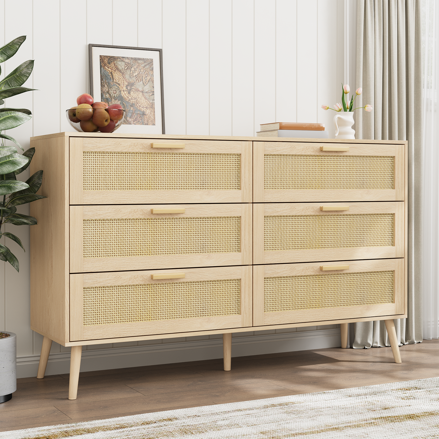 Rattan 6 Drawers  Chest  Of Dressers For Bedroom, Modern 6 Drawer Dresser, Wide Chest Of Drawers With Wood Handles,  Rattan Dresser Storage Cabinet For Living Room, Bedroom, Hallway