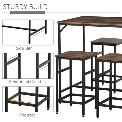 5-Piece Industrial Dining Table Set, Bar Table & 4 Stools Set, Space Saving for Pub & Kitchen, Rustic Brown/Black