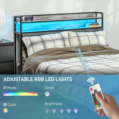 Full Bed Frame with Storage Upholstered Headboard, Full Size Bed Frame with LED Lights, Charging Station, Cement Gray