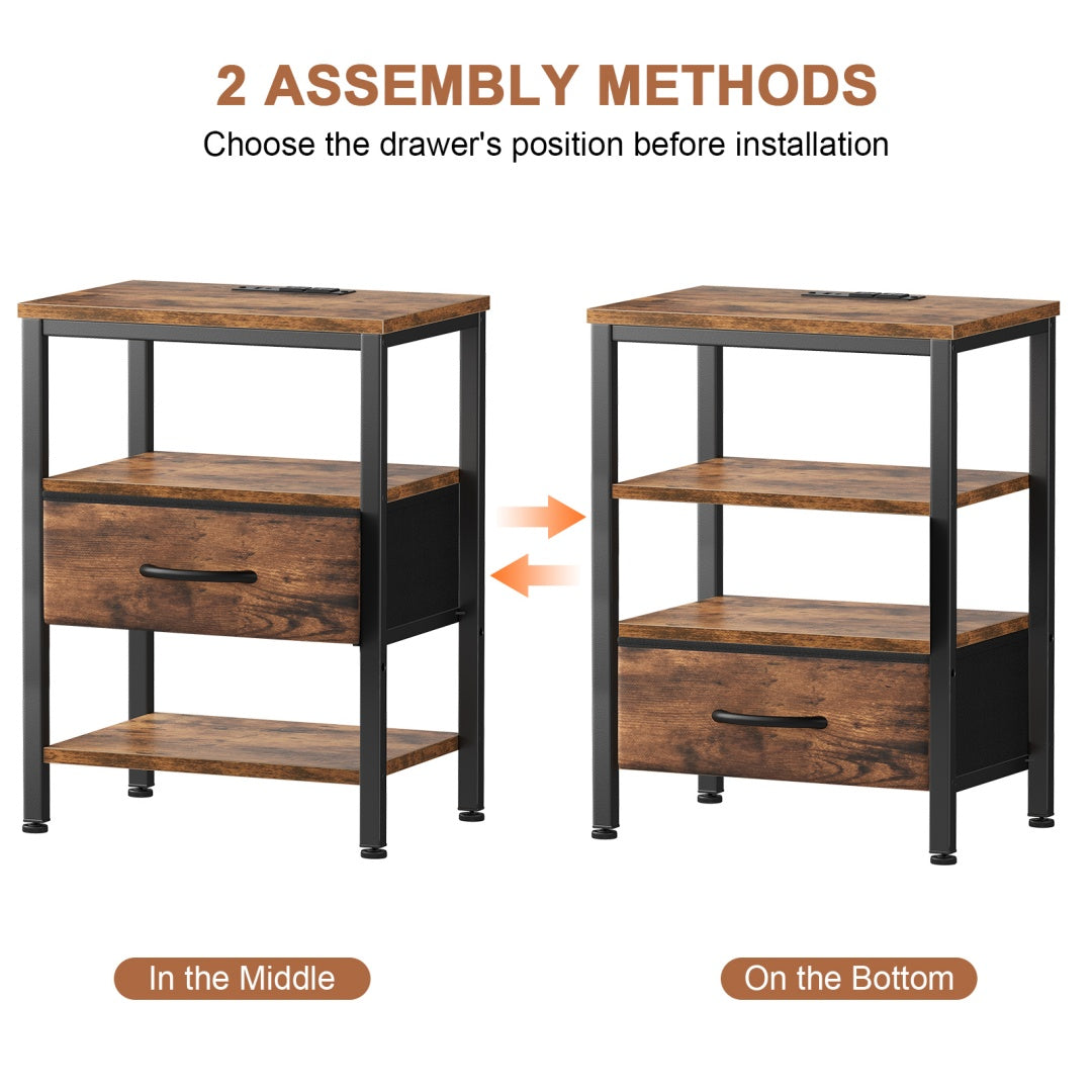 Bedside Table, With Built-in USB-C-type Port Sockets And Adjustable Drawers, 3-layer Storage Rack, And Fabric Drawers