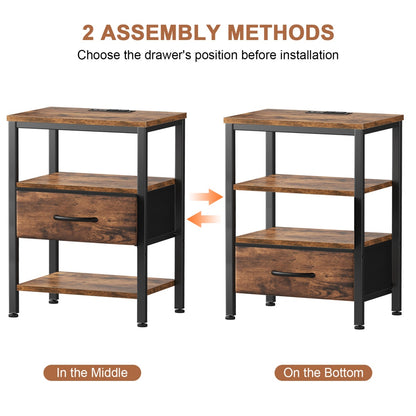 Bedside Table, With Built-in USB-C-type Port Sockets And Adjustable Drawers, 3-layer Storage Rack, And Fabric Drawers