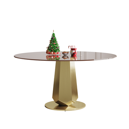 53 Inch Luxury Round Dining Table With Smoked Glass Top  Modern Kitchen Table For 4-8 People  Gold Stainless Steel Base & Easy Assembly  Space Saving Breakfast Table For Apartments