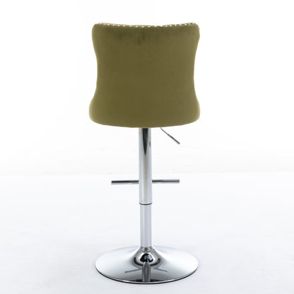Swivel Velvet Barstools Adjusatble Seat Height From 25-33 Inch, Modern Upholstered Chrome Base Bar Stools With Backs Comfortable Tufted For Home Pub And Kitchen Island, Olive-Green,Set Of 2,1712OL