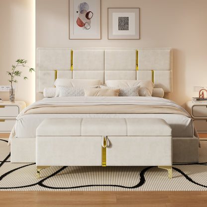 2-Pieces Bedroom Sets,Queen Size Upholstered Platform Bed With Hydraulic Storage System,Storage Ottoman With Metal Legs,Beige