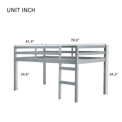 Solid Wooden, Rubber Wooden Twin Loft Bed With Ladder, Bed Platform Of Strengthened Slats , Grey