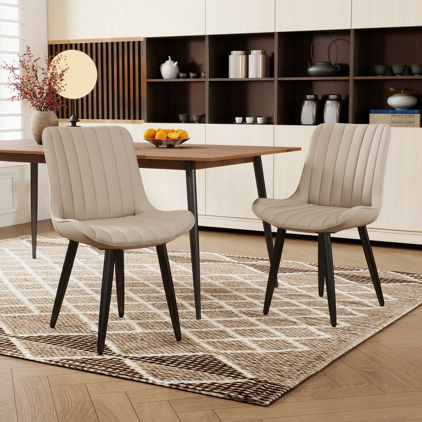 Set Of 2 Modern PU Leather Dining Chairs With Thick Cushions & Metal Legs, Armless Faux Leather Side Chairs For Kitchen, Dining Room