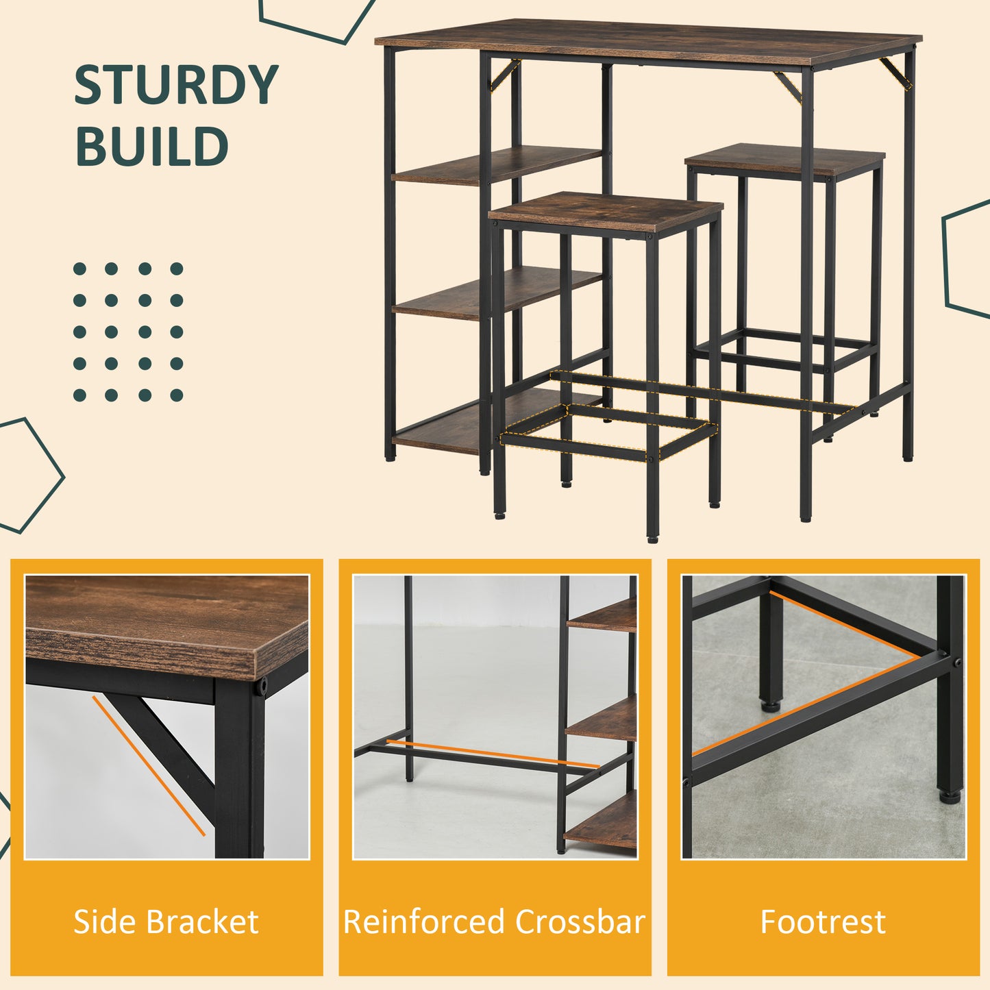 Industrial Bar Height Dining Table Set With 2 Stools & Side Shelf, 3 Pieces Coffee Table For Dining Room, Kitchen, Dinette