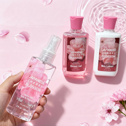 3-piece Set Japanese Cherry Blossom Spa Set With Natural Extracts-Shower Gel, Body Lotion, Body Mist, Bath And Body Gift Set For Women And Girls,  Body Care Travel Set For Birthday Mother's Day Gifts