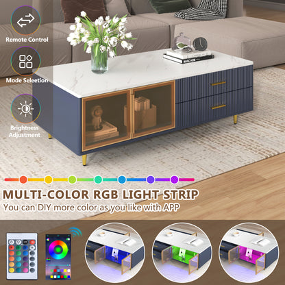 Modern Navy Blue Coffee Table With 2 Glass Door Storage, 4 Drawers, Gold Metal Legs, And Multi-Color Lighting In 47.2