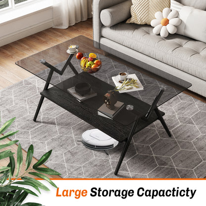 Rectangle Coffee Table With Tempered Glass Top And Black MDF Shelf, Modern Table For Living Room, Gray Glass
