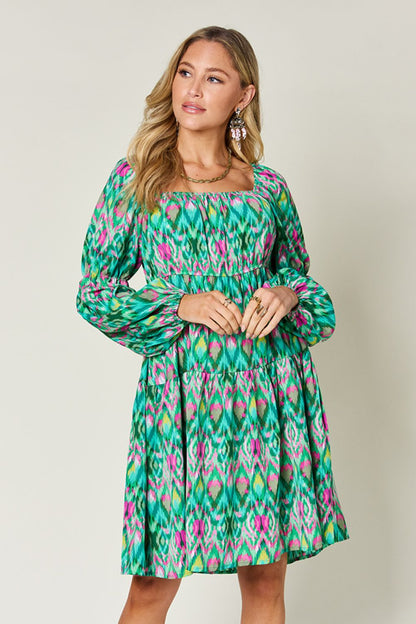 Printed Long Sleeve Smocked Dress