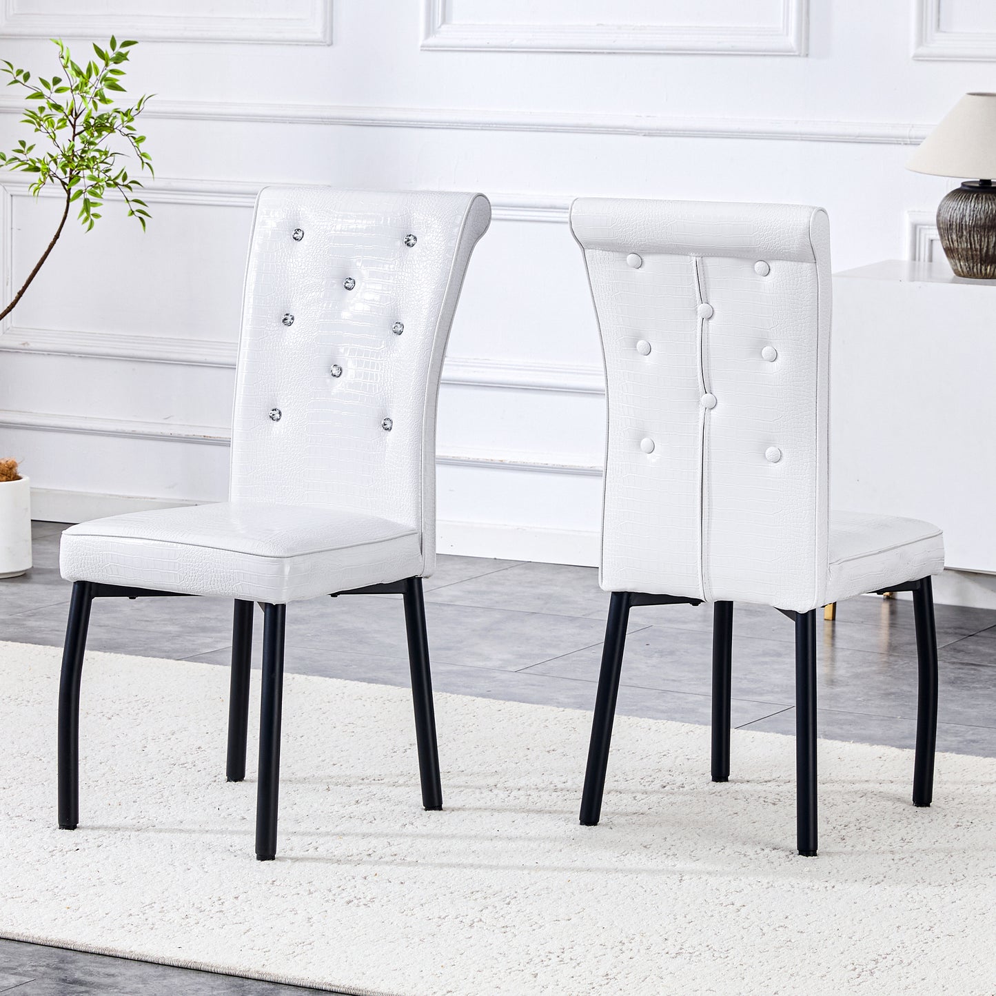 A Set Of 2 White And Black Vintage Crocodile Leather Cushioned Dining Chairs, Featuring Crystal Clasp Design And Artificial Leather Design, Adding A Touch Of Elegance And Mystery To The Dining Area
