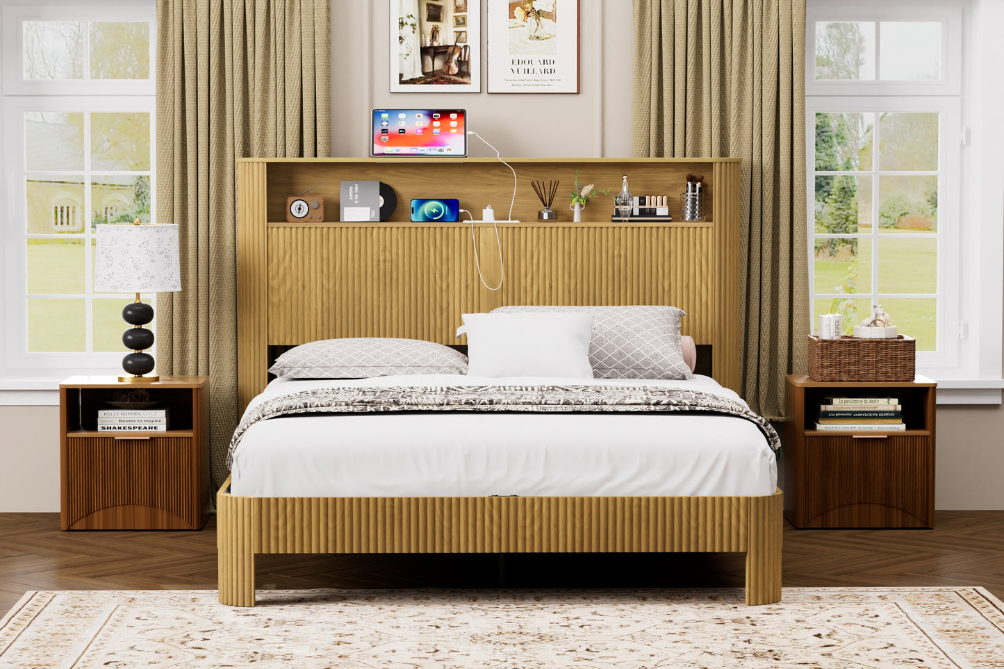Queen Size Bed Frame With Storage Headboard, Built-in Charging Station, Wavy Curved Lines Design, Silent Operation, Metal Support, Natural