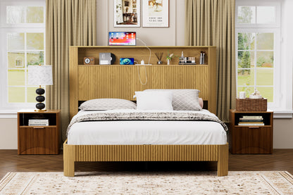 Queen Size Bed Frame With Storage Headboard, Built-in Charging Station, Wavy Curved Lines Design, Silent Operation, Metal Support, Natural