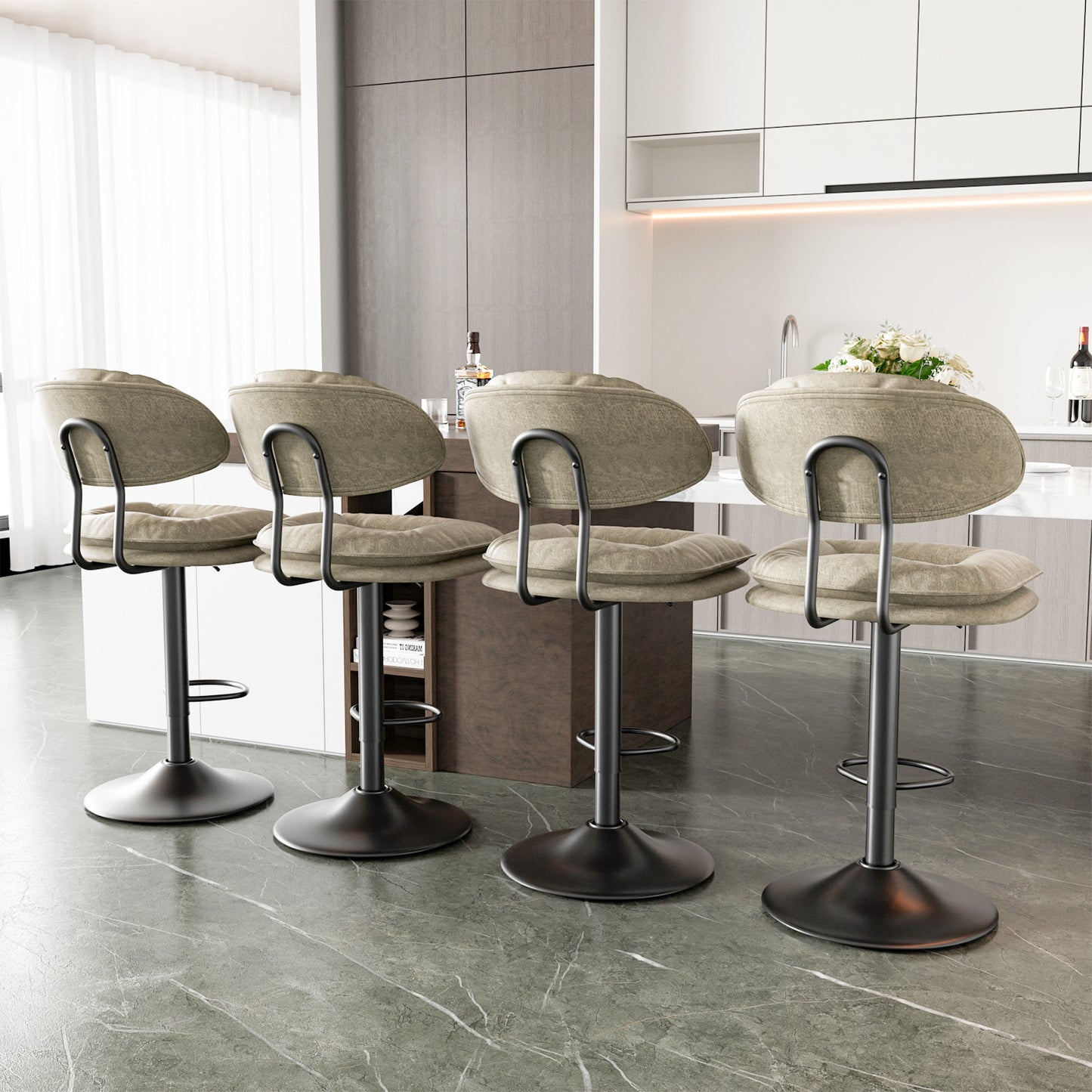 Modern Bar Stools Set Of 2, Double-Layer Adjustable Bar Stools With Back, Ergonomic Upholstered Fabric Swivel Barstools For Kitchen Island