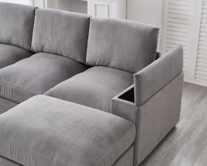 Sectional Sofa Deep Seat Sofa Couch With Ottomans, Corduroy Sofa Sleeper Comfy Upholstered Furniture For Living Room, Apartment, Office, 4-Seat & 2-Ottoman,GRAY