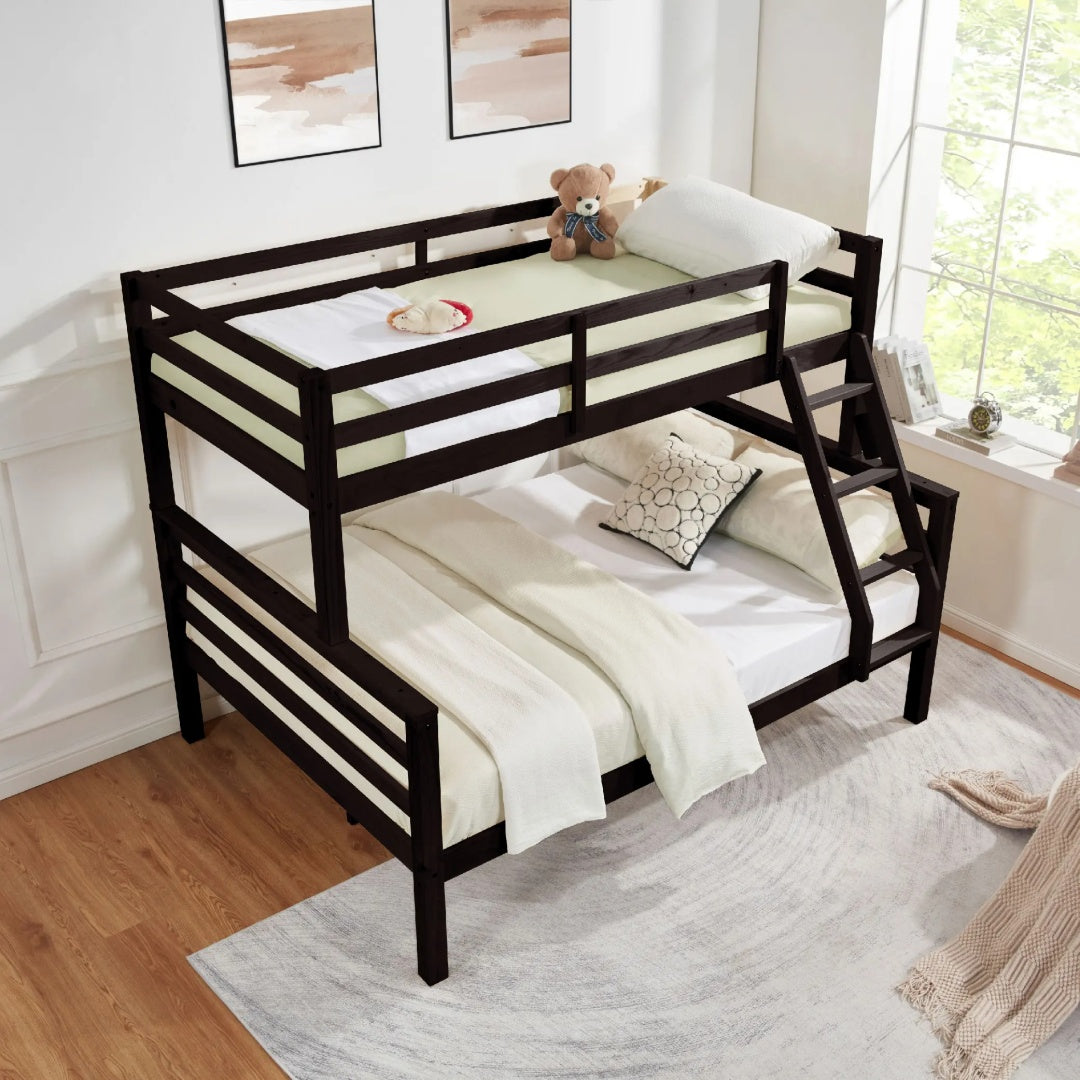 Twin Over Full Bunk Bed With Thick Posts,Wooden Bunk Bed With High Guardrail And Ladder For Kids, Teens, Dorm Rooms, And Guest Rooms,No Box Spring Needed,Espresso