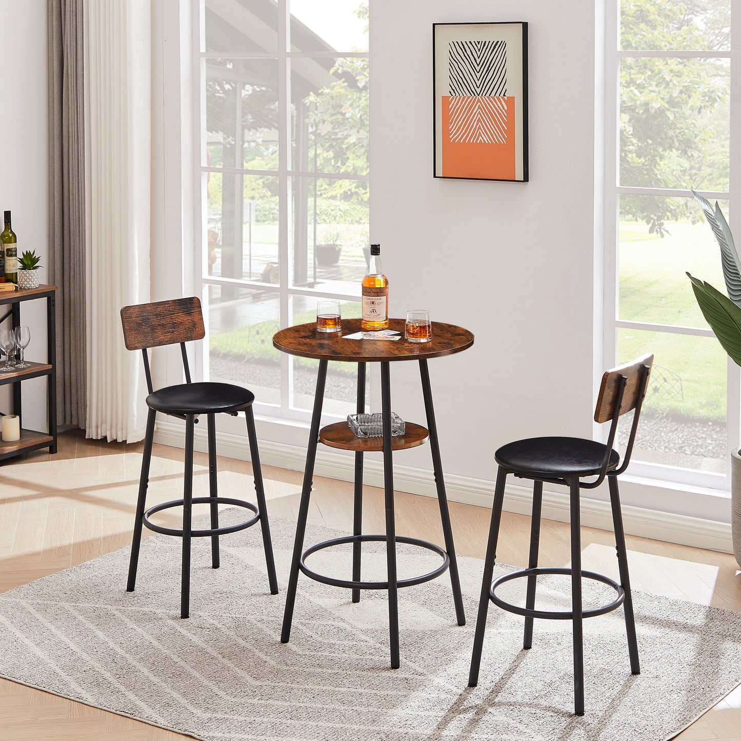 Round Bar Stool Set With Shelf, Upholstered Stool With Backrest, Rustic Brown, 23.62  W X 23.62  D X 35.43  H