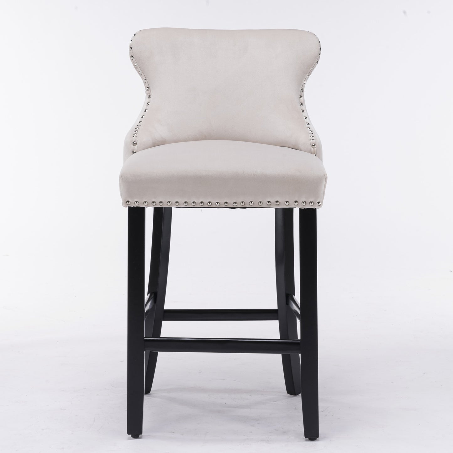 A&A Furniture,Contemporary Velvet Upholstered Wing-Back Barstools With Button Tufted Decoration And Wooden Legs, And Chrome Nailhead Trim, Leisure Style Bar Chairs,Bar Stools, Set Of 2 Beige,SW1824B