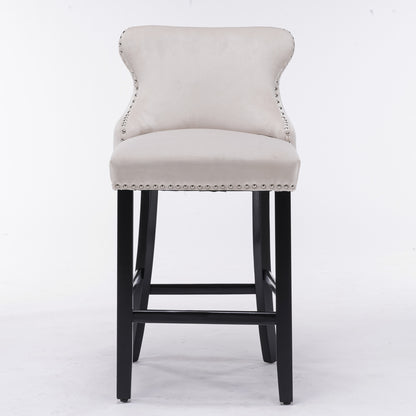 A&A Furniture,Contemporary Velvet Upholstered Wing-Back Barstools With Button Tufted Decoration And Wooden Legs, And Chrome Nailhead Trim, Leisure Style Bar Chairs,Bar Stools, Set Of 2 Beige,SW1824B