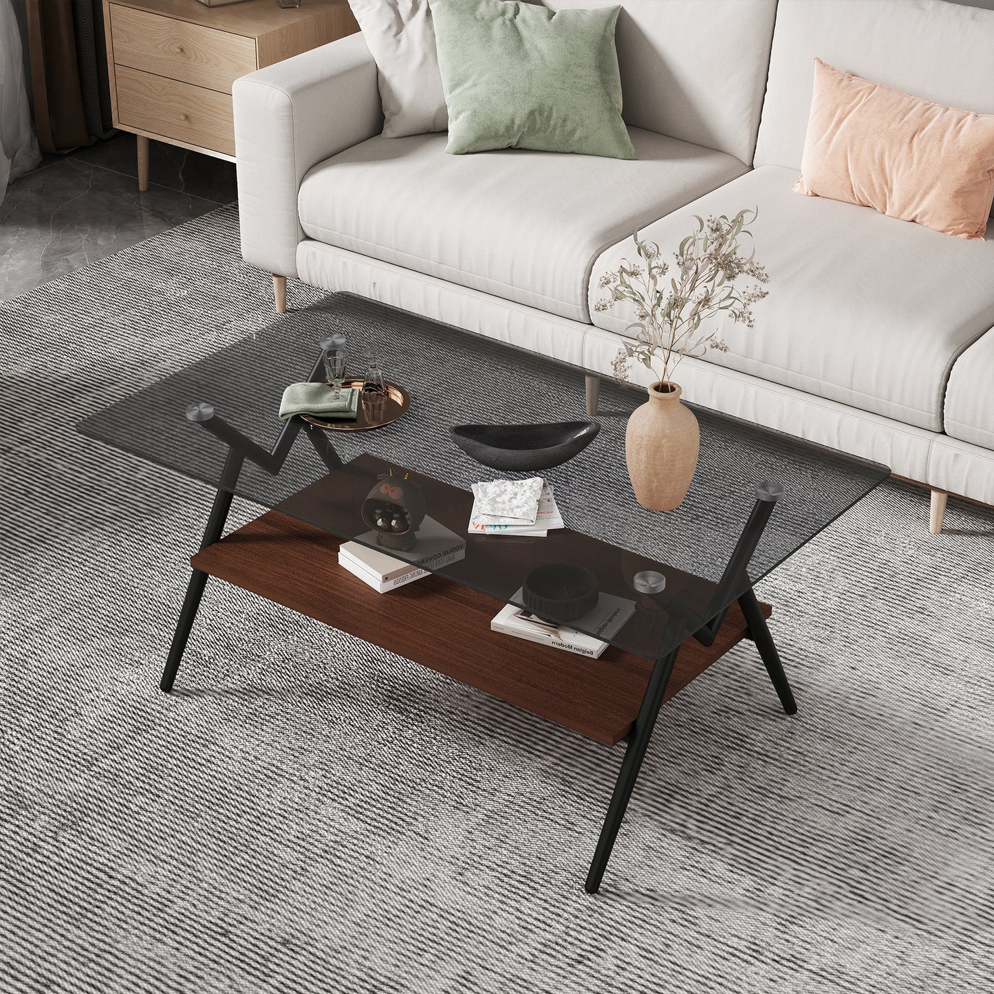 Rectangle Coffee Table With Tempered Glass Top And Brown MDF Shelf, Modern Table For Living Room, Gray Glass