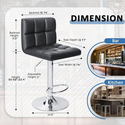 Modern PU Leather Adjustable Swivel Bar Stools, Armless Hydraulic Kitchen Counter Barstools, Extra Height Square Island Barstools with Back, Set of 2 (Black)