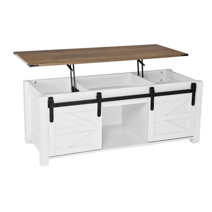 47.2 In Farmhouse Lift Top Coffee Table, Rustic Center Table With Barn Door And Hidden Storage Compartment, Modern Rectangle Lifting Tabletop For Living Room, Office, Home, Easy Assembly, White
