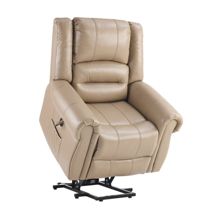 Power Lift Recliner Chair With Massage & Heat, Single Motor Lift Chair, Breathable PU Faux Leather, USB & Type-C, Side Pockets, Light Brown