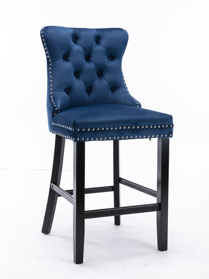 Contemporary Velvet Upholstered Barstools With Button Tufted Decoration And Wooden Legs, And Chrome Nailhead Trim, Leisure Style Bar Chairs,Bar Stools, Set Of 2 Blue,SW2002BL