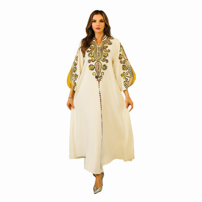 Middle Eastern Muslim Women's Long Robe with Cord Embroidery for Dubai Tourism and Leisure Wear