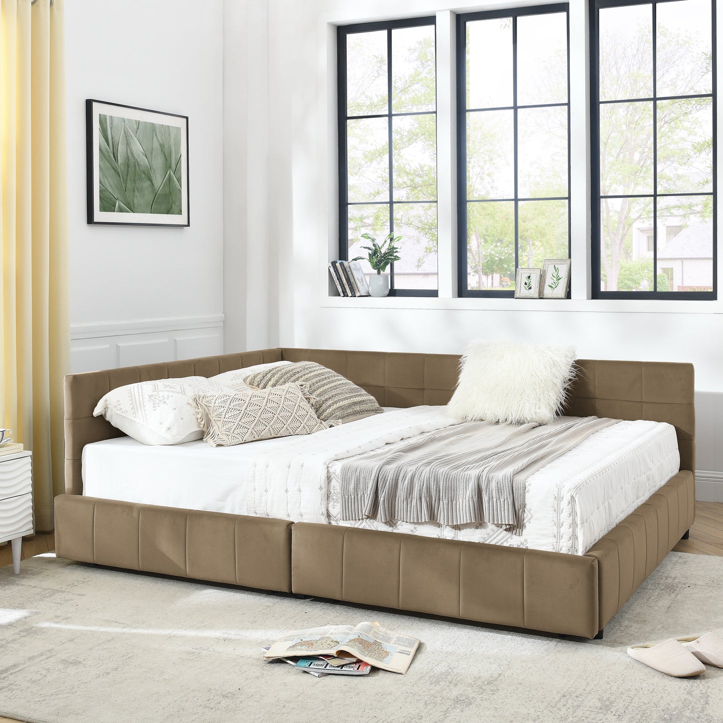 Queen Size Storage Upholstered Tufted Bed Frame, Sofa Bed Frame With Comfortable Backrest And Armrests, Queen Size Bed For Bedroom, Living Room,Velvet, BROWN 85.5x64.5x29.5