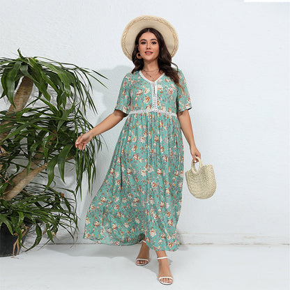 Plus Size V neck Printed Dress Lace Stitching Loose Floral Dress Beach Vacation Beach Dress