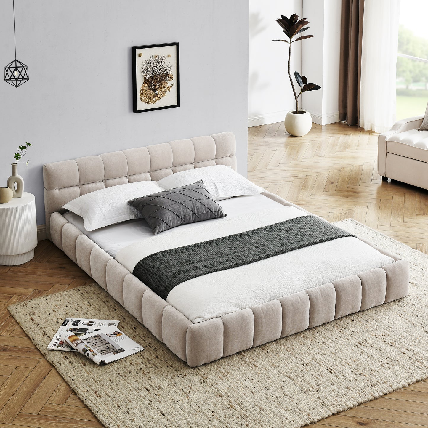 Queen Size Upholstered Bed Frame With Thick Fabric, Chenille Fabric Grounded Queen Size Platform Bed With Headboard And Solid Frame. No Box Spring Needed, Beige 68x86.5x23.5