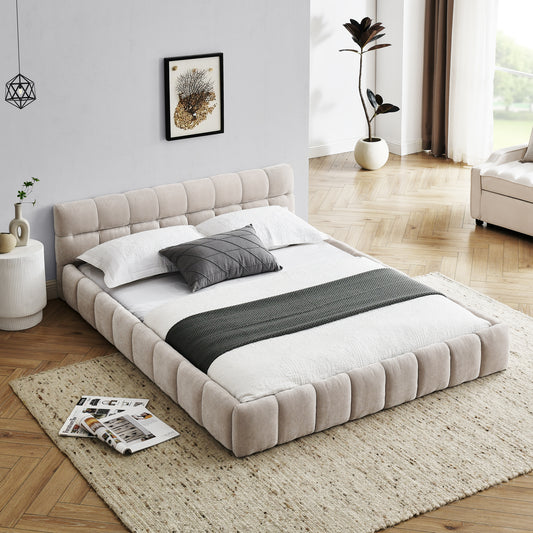 Queen Size Upholstered Bed Frame With Thick Fabric, Chenille Fabric Grounded Queen Size Platform Bed With Headboard And Solid Frame. No Box Spring Needed, Beige 68x86.5x23.5