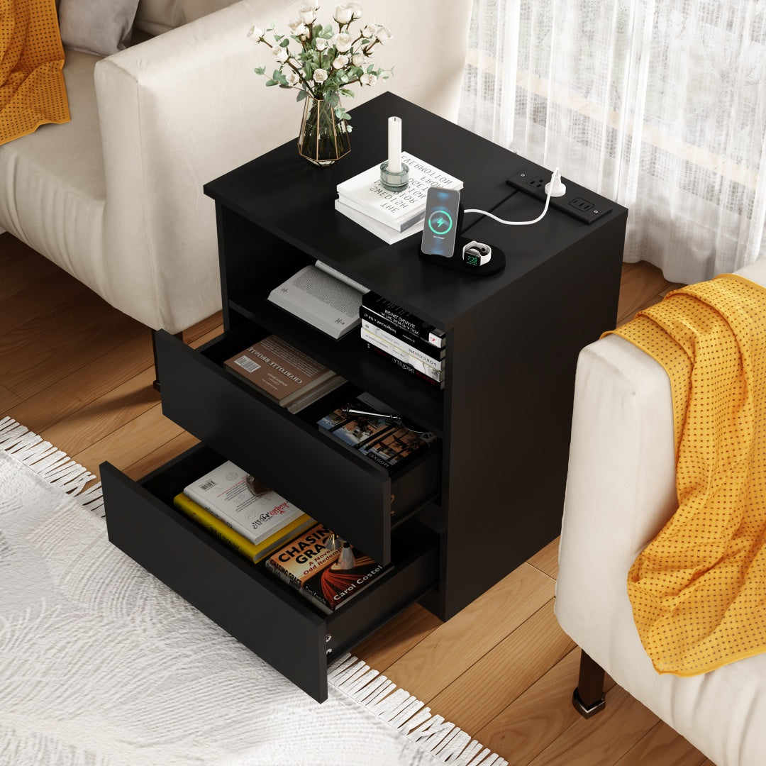 Set Of 2  End Table With Fast USB C Charging Station, Sofa Side Table With 2 Drawers, Large Storage Modern Wood Storage Cabinet For Living Room,Bedroom,Office, Black