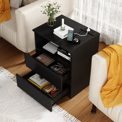 Set Of 2  End Table With Fast USB C Charging Station, Sofa Side Table With 2 Drawers, Large Storage Modern Wood Storage Cabinet For Living Room,Bedroom,Office, Black