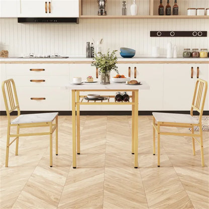 3-Piece Dining Table Set (White + Gold), Space-Saving Tuck-under Chair Design