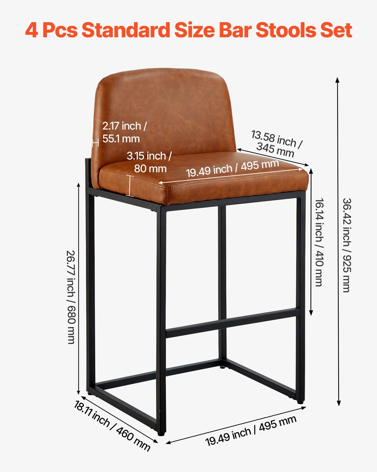 Bar Stool Set Of 4, 27 Inch Counter Height Stools, Modern PU Leather Counter Barstool With Backrest, Metal Legs, Easy Assembly Armless Bar Chair, Island Barstool For Kitchen, Dining Room, Brown