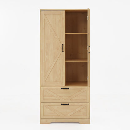 2 Door Wood Wardrobe For Bedroom With Hanging Clothing Rod Inside The Cabinet And 2 Drawers For Storage Organization, Built-in Induction Light Multifunctional Closet With Mirror, Natural