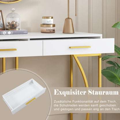 Console Table, Hallway Table With 2 Drawers, Light Luxury Style Side Table, Sofa Table, 110x32x85 Cm, White Gold