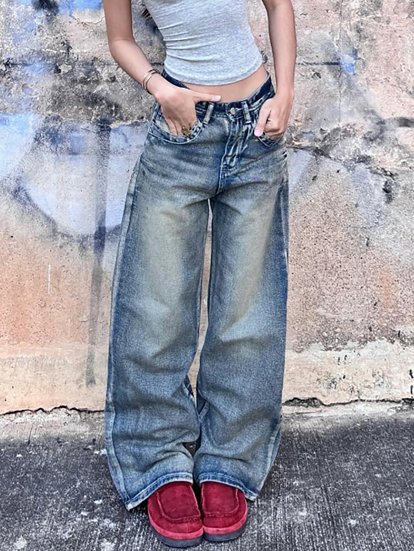 Ladies Loose Back Pocket plus Fold Front Pocket Seam Denim Wide Leg Non Elastic Trousers