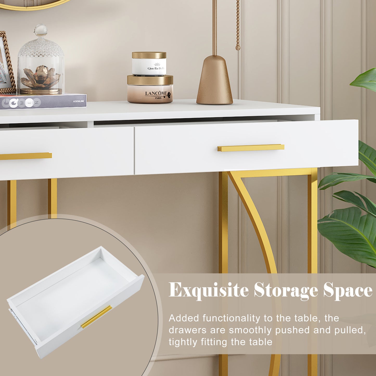 Console Table, Hallway Table With 2 Drawers, Light Luxury Style Side Table, Sofa Table, 110x32x85 Cm, White Gold