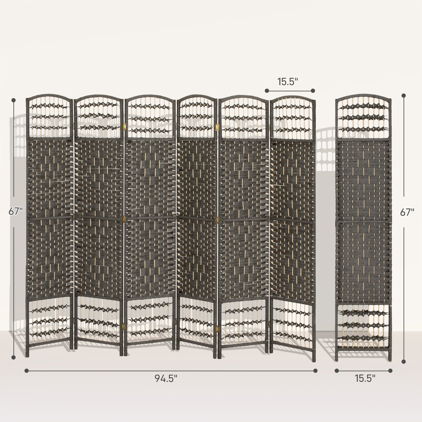 6 Panel Folding Room Divider Portable Privacy Screen Wave Fiber Room Partition for Home Office Dark Gray