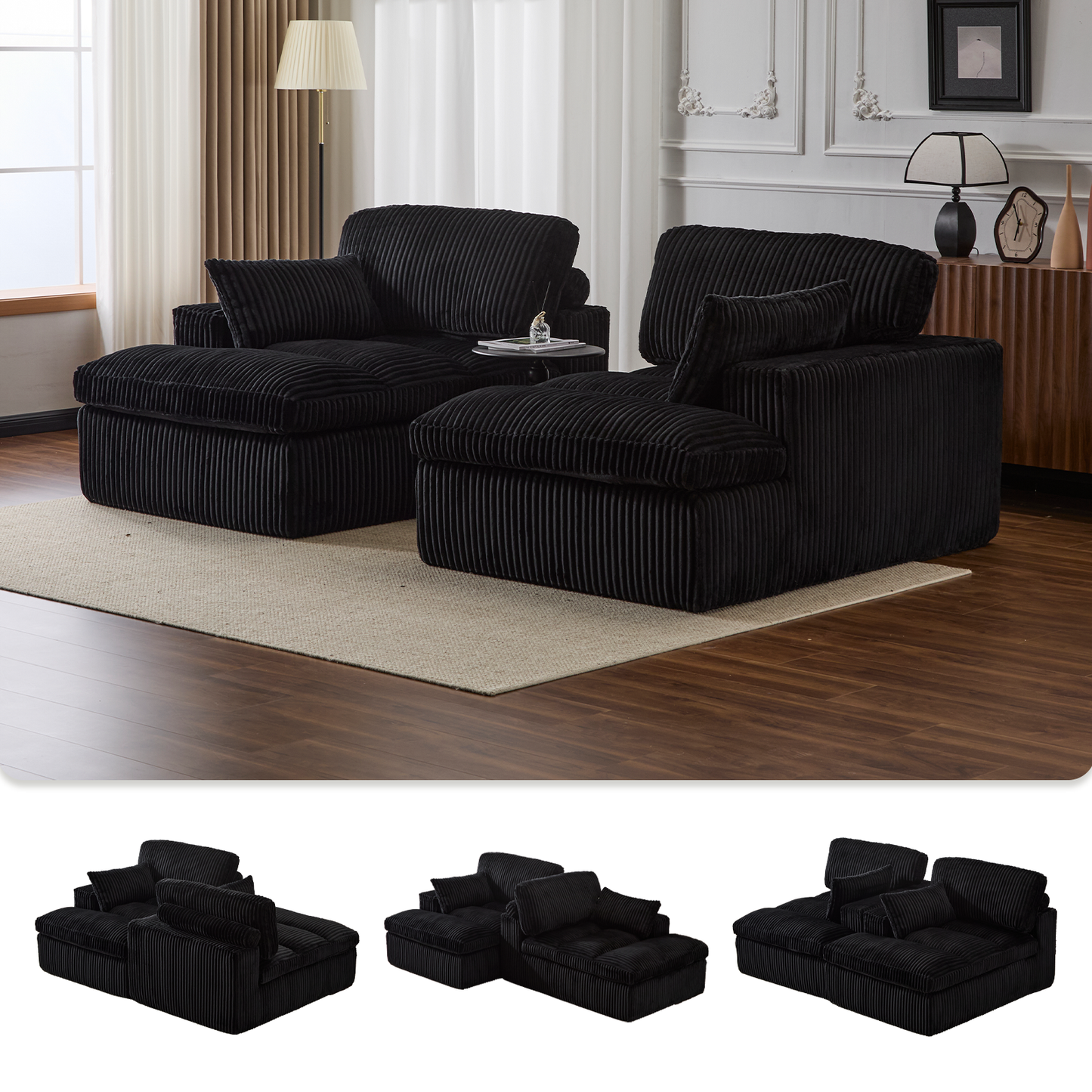 Double Chaise Lounge Chair Indoor,Oversized Upholstered Sleeper Cloud Couch,Deep Seat Luxury Sofa Bed,Sectional Sofa Chaise Love-seat,Corduroy Reading Chair For Living Room,No Assembly Required,Black